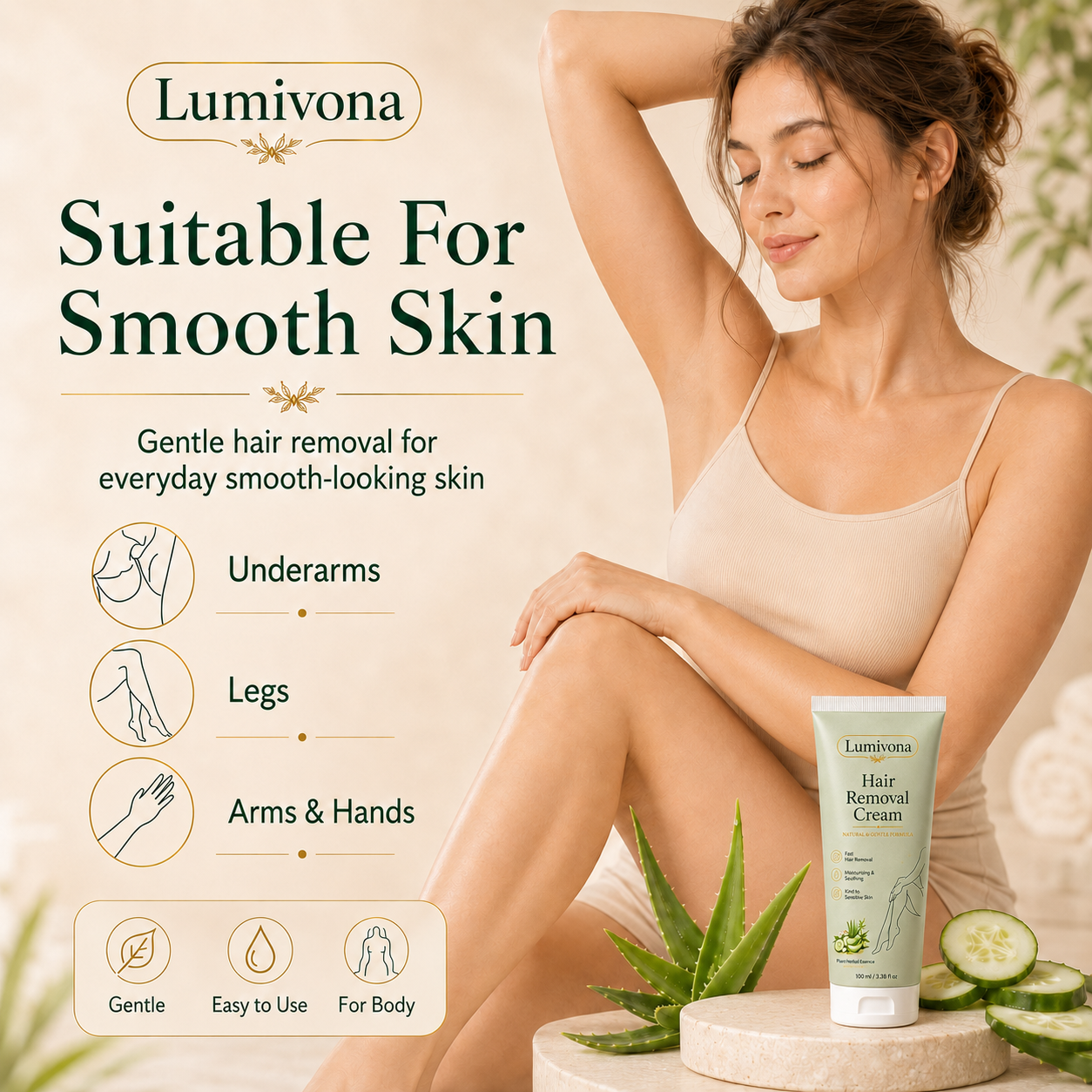 Lumivona™ Natural Gentle Hair Removal Cream | For Women & Men, Sensitive Skin